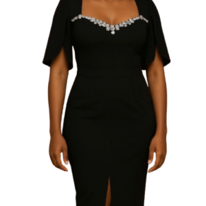 BLACK SLIT DRESS WITH CRYSTAL EMBELLISHED NECKLINE