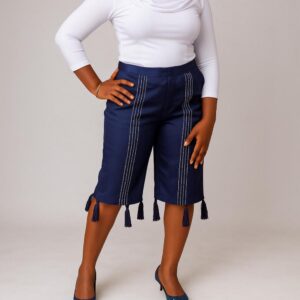 BLUE MIKADO THREE-QUARTER TROUSERS WITH EMBROIDERY & TASSELS