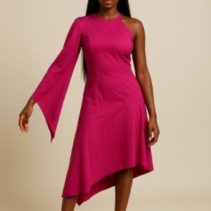 PINK MONOSLEEVE ASYMMETRIC FLARE GOWN