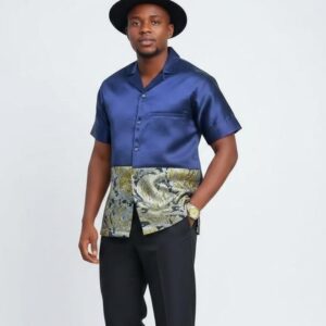 BLUE CAMP COLLAR SHIRT WITH PATTERNED DAMASK