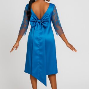BLUE A-LINE DRESS WITH LACE SLEEVES AND BOW