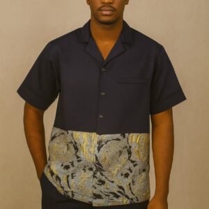 BLUE CAMP COLLAR SHIRT WITH PATTERNED DAMASK