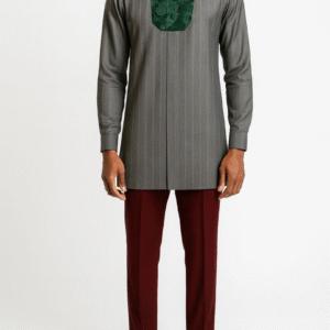 GREY TUNIC SHIRT WITH GREEN DAMASK DETAIL