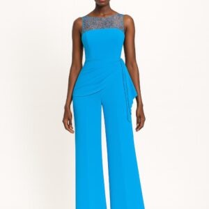 BLUE BEADED YOKE DRAPED JUMPSUIT