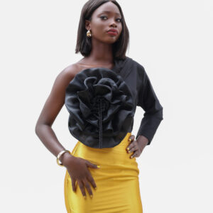 BLACK MONOSLEEVE BEADED RUFFLE ROSE BLOUSE