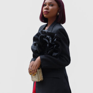 BLACK BLAZER WITH BEADED BLACK ROSE RUFFLE