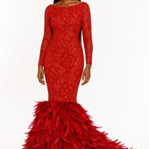 RED LACE MERMAID FEATHER GOWN