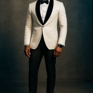 WHITE TUXEDO WITH BLACK SHAWL LAPEL & BLACK TROUSERS