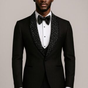 BLACK BEADED SHAWL LAPEL TUXEDO, WAIST COAT + MATCHING TROUSERS