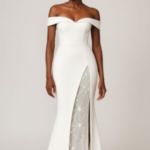 OFF-SHOULDER OPEN SLIT GOWN WITH INTRICATE SPIDER NET SKIRT