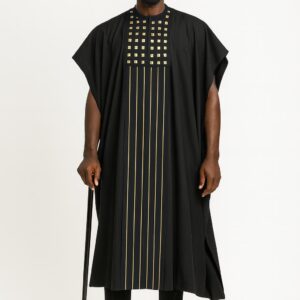 BLACK STUDDED AND EMBROIDERED LONG DRAPED KAFTAN & MATCHING TROUSERS