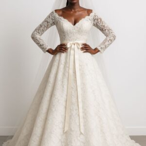OFF-SHOULDER LACE BALL GOWN WITH SASH BELT