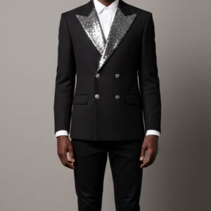 BLACK SEQUIN LAPEL DOUBLE BREASTED BLAZER