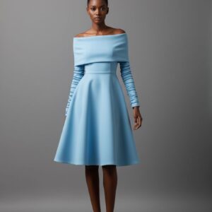 BLUE RUCHED SLEEVE OFF SHOULDER DRESS