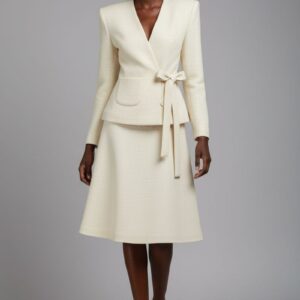 CREAM TWEED TIE WAIST SKIRT SUIT SET