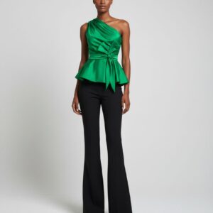 GREEN DRAPED ONE SHOULDER RIBBON BLOUSE