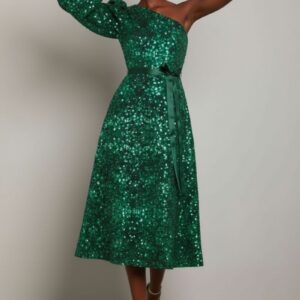GREEN SEQUIN MONOSLEEVE DRESS