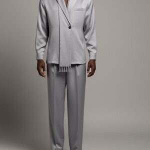 GREY SHIRT-JACKET WITH TASSELED SCARF + MATCHING TROUSERS