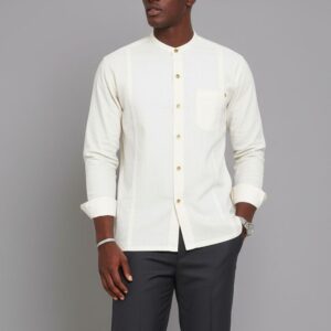 CREAM PANELLED CROPPED NECK HIGH-LOW SHIRT