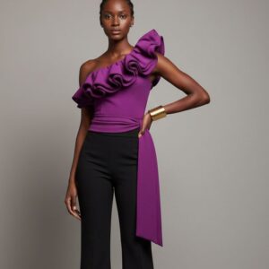 PURPLE ONE SHOULDER RUFFLE SIDE TIE TOP