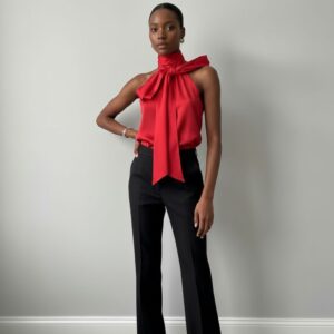 RED SLEEVELESS TIE NECK BLOUSE
