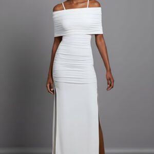 WHITE OFF SHOULDER RUCHED SLIT DRESS