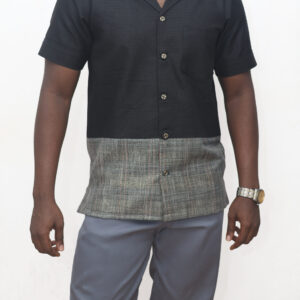 BLACK CHECKERED HOUNDSTOOTH CAMP COLLAR SHIRT