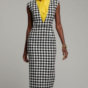 WHITE & BLACK V-NECK HOUNDSTOOTH DRESS