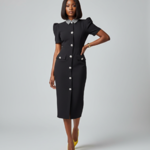 BLACK PATTERNED COLLAR MIDI DRESS