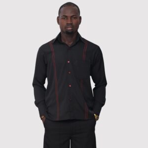 BLACK SHIRT WITH RED EMBROIDERY DETAIL