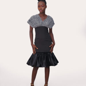 BLACK HOUNDSTOOTH PUFF RUFFLE DRESS