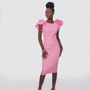 PINK RUFFLE SLEEVE MIDI DRESS