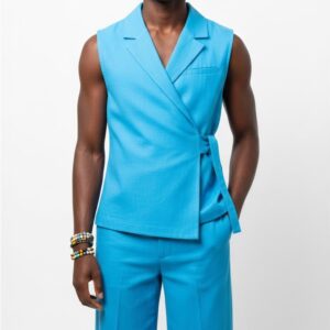 BLUE SLEEVELESS TIE SUIT SET