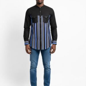 BLACK & BLUE STRIPED CROPPED COLLAR SHIRT