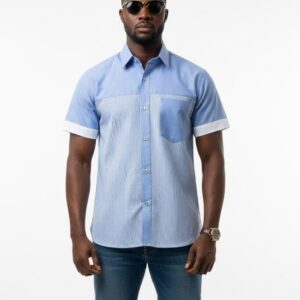 BLUE & WHITE STRIPED COLOUR-BLOCK SHIRT