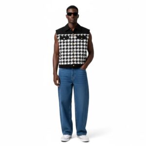 BLACK & WHITE HOUNDSTOOTH SLEEVELESS JACKET