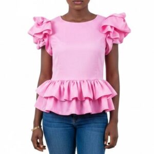 PINK RUFFLE SLEEVE PEPLUM TOP