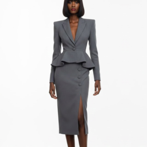 GREY FLARED PEPLUM SKIRT SUIT SET