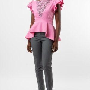PINK LACE FRONT PEPLUM RUFFLE TOP
