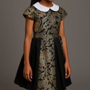 BLACK & GOLD-BLUE FLORAL DAMASK PLEATED DRESS WITH OFF-WHITE COLLAR