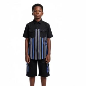BLUE & GREY STRIPED PANEL SHIRT + MATCHING SHORTS