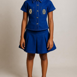 BLUE DENIM CROPPED SLEEVE LOGO TOP + PLEATED MINI SKIRT