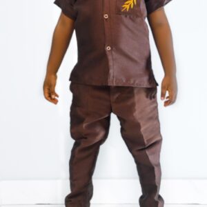 BROWN MIKADO TWO-PIECE WITH GOLD PALM LEAF EMBROIDERY