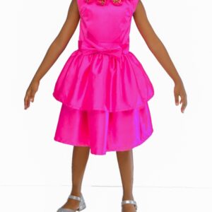 PINK TIERED, SLEEVELESS DRESS WITH FLORAL NECKLINE DETAIL
