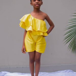 YELLOW FLOUNCE MONOSLEEVE SHORT JUMPSUIT