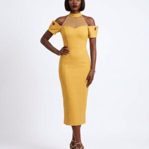 YELLOW CUTOUT SLEEVE MIDI DRESS