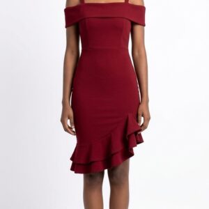 RED ASYMMETRIC RUFFLE DRESS