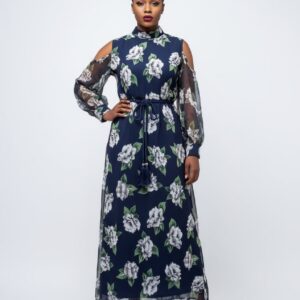 BLUE FLORAL COLD SHOULDER GOWN