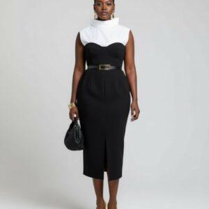 BLACK BUSTIER FRONT-SLIT MIDI DRESS