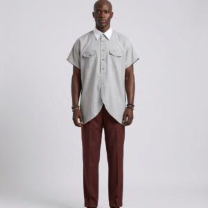 GREY DRAPED WHITE COLLAR SHIRT